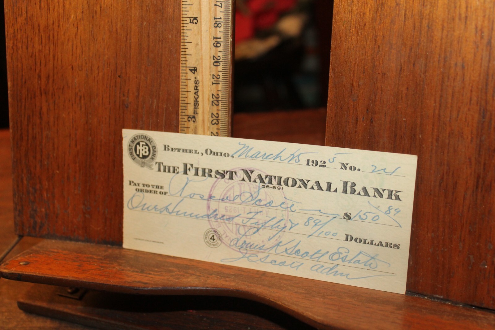 Antique 1925 Bethel Ohio First National Bank Ohio Cancelled Check