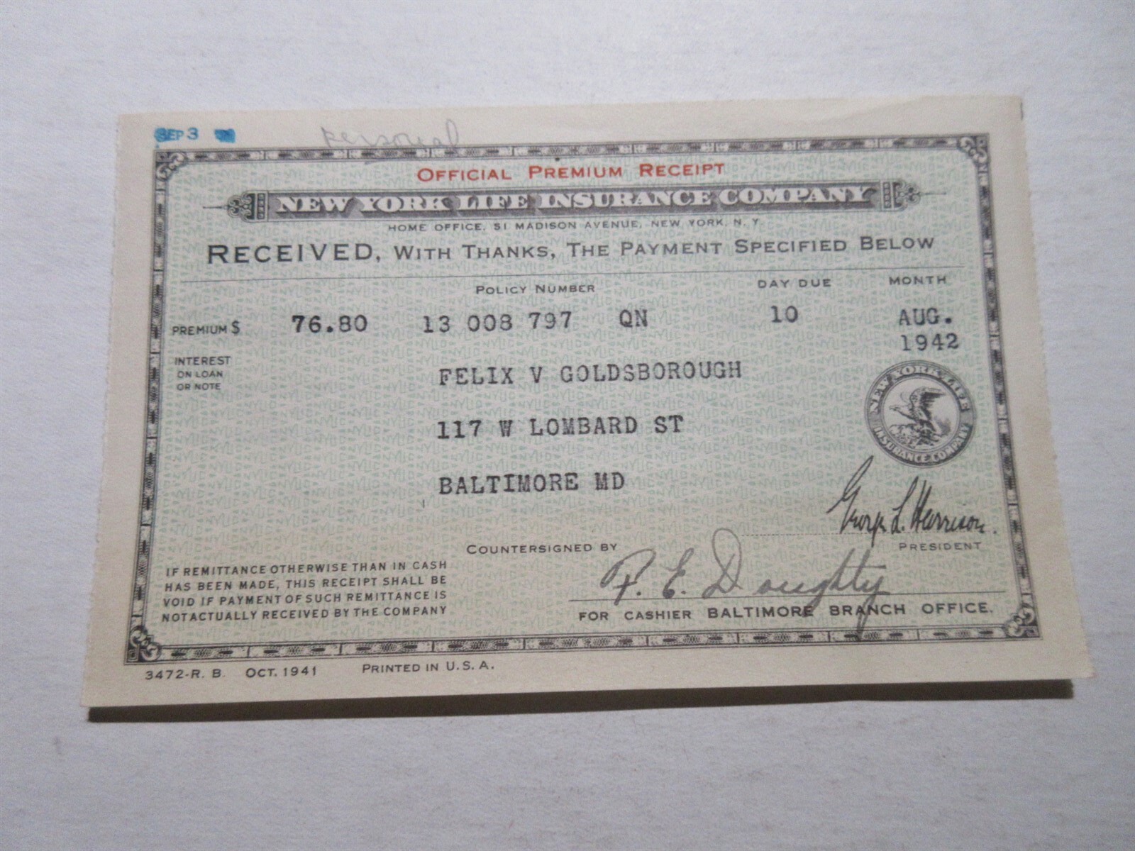 lot of 1942 New York Insurance Company Premium Receipts