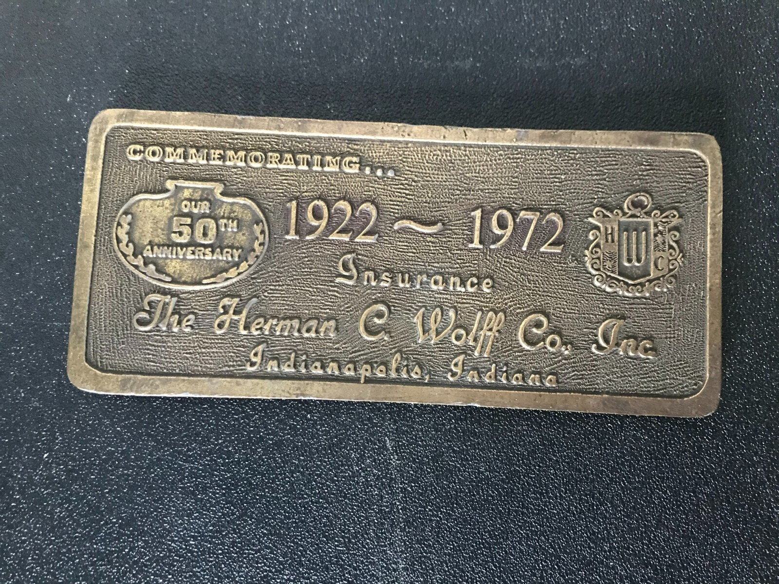 Vintage 1972 Herman C Wolff Inc Insurance Indianapolis Indian IN Bronze Plaque