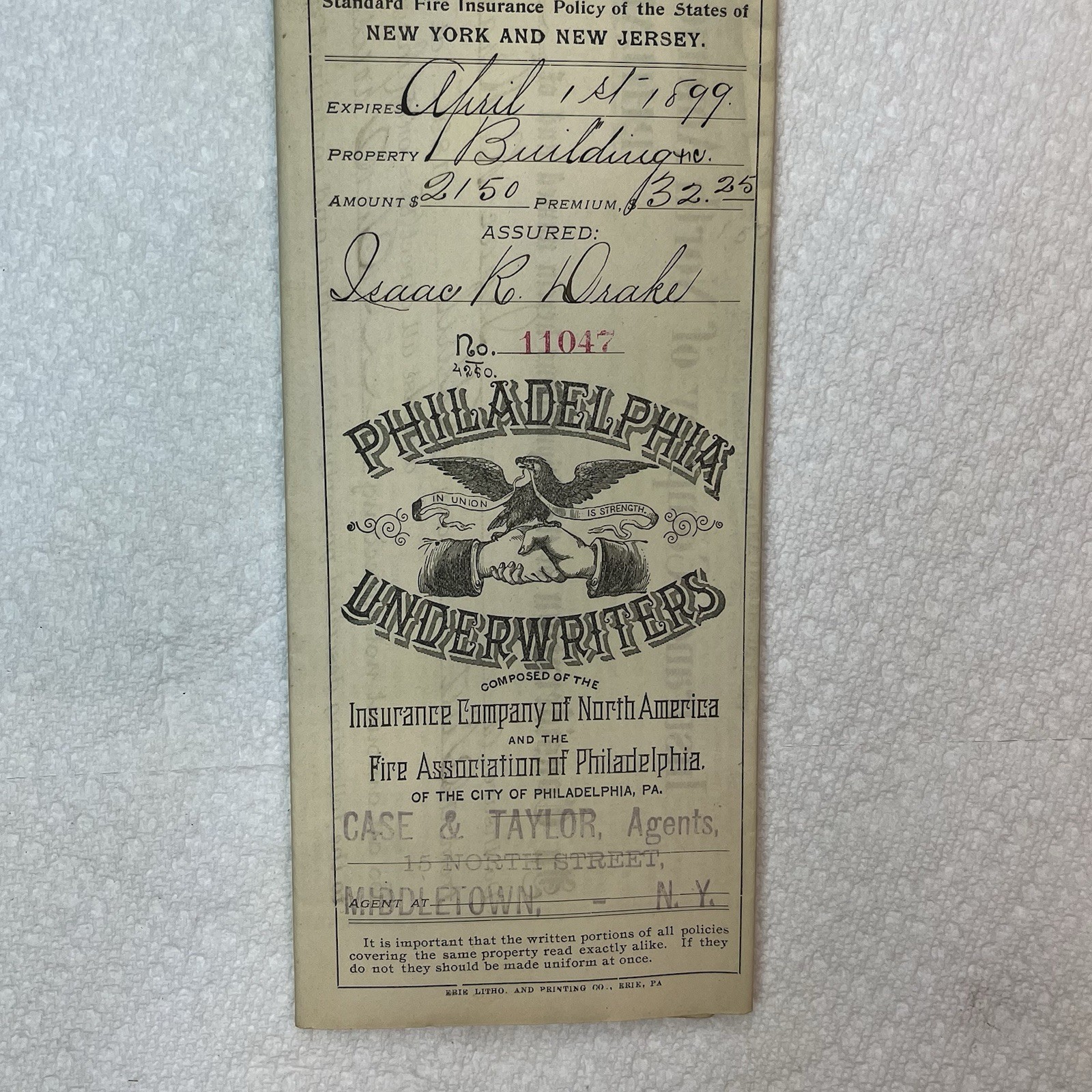 Fire Insurance Policy Vintage 1899 New York and New Jersey