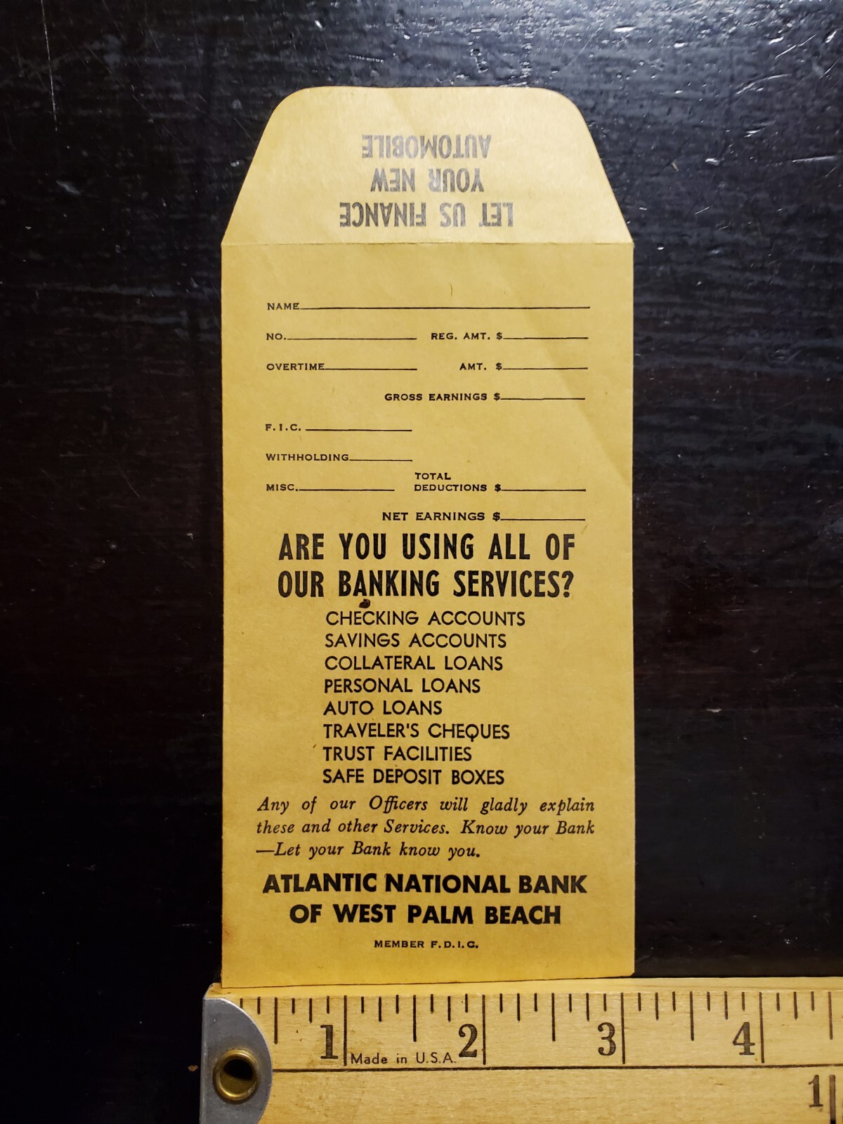 Vintage Atlantic National Bank Deposit Envelope West Palm Beach Florida