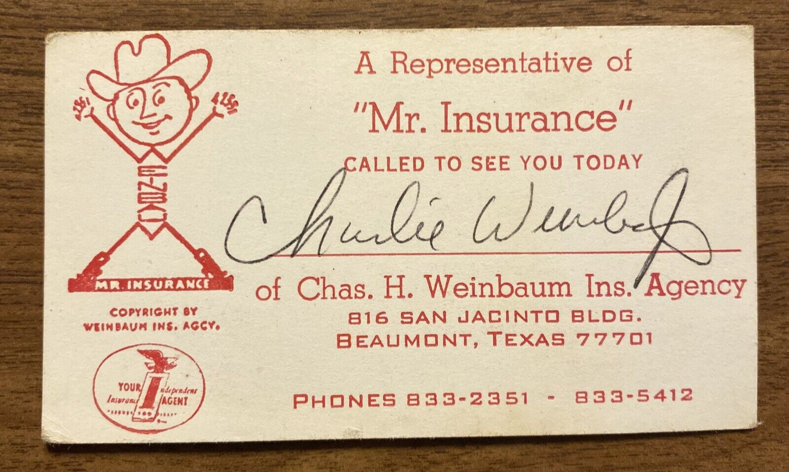 Vintage 1970s Chas H Weinbaum Insurance Agency Business Card Beaumont Texas P1H