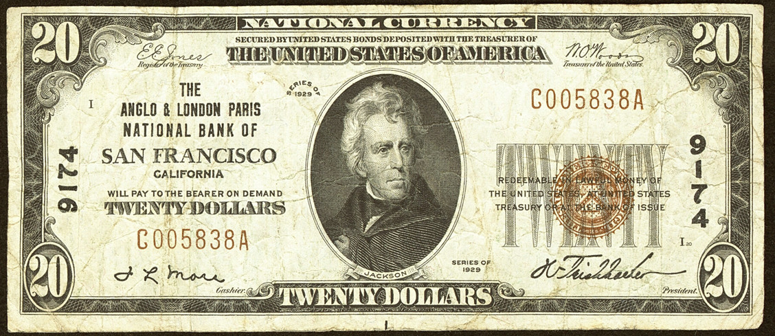 1929 $20 San Francisco National Bank Note Anglo London Paris Fleishhacker NBN