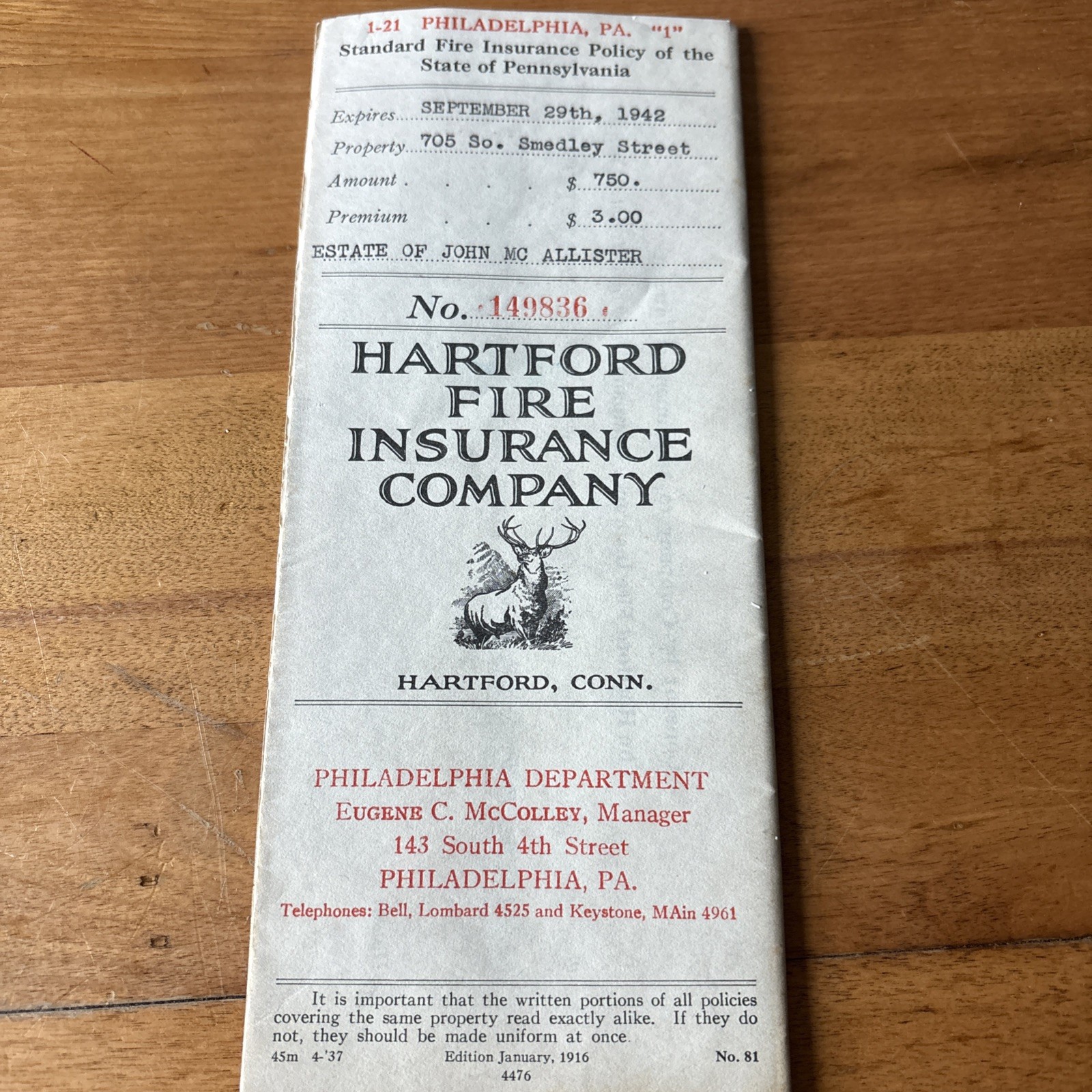 Hartford Fire Insurance Company (Hartford, CT) Sep 29, 1942 Policy