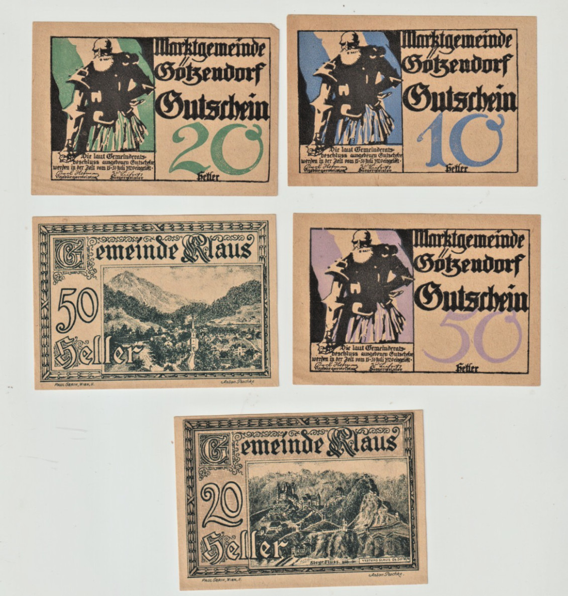 1920 Austria Inflation NOTGELD Collection of 5 different, ,Very Fine Condition