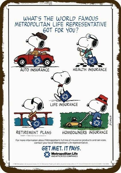 1986 MET LIFE INSURANCE & SNOOPY Vintage-Look-Edge DECORATIVE REPLICA METAL SIGN