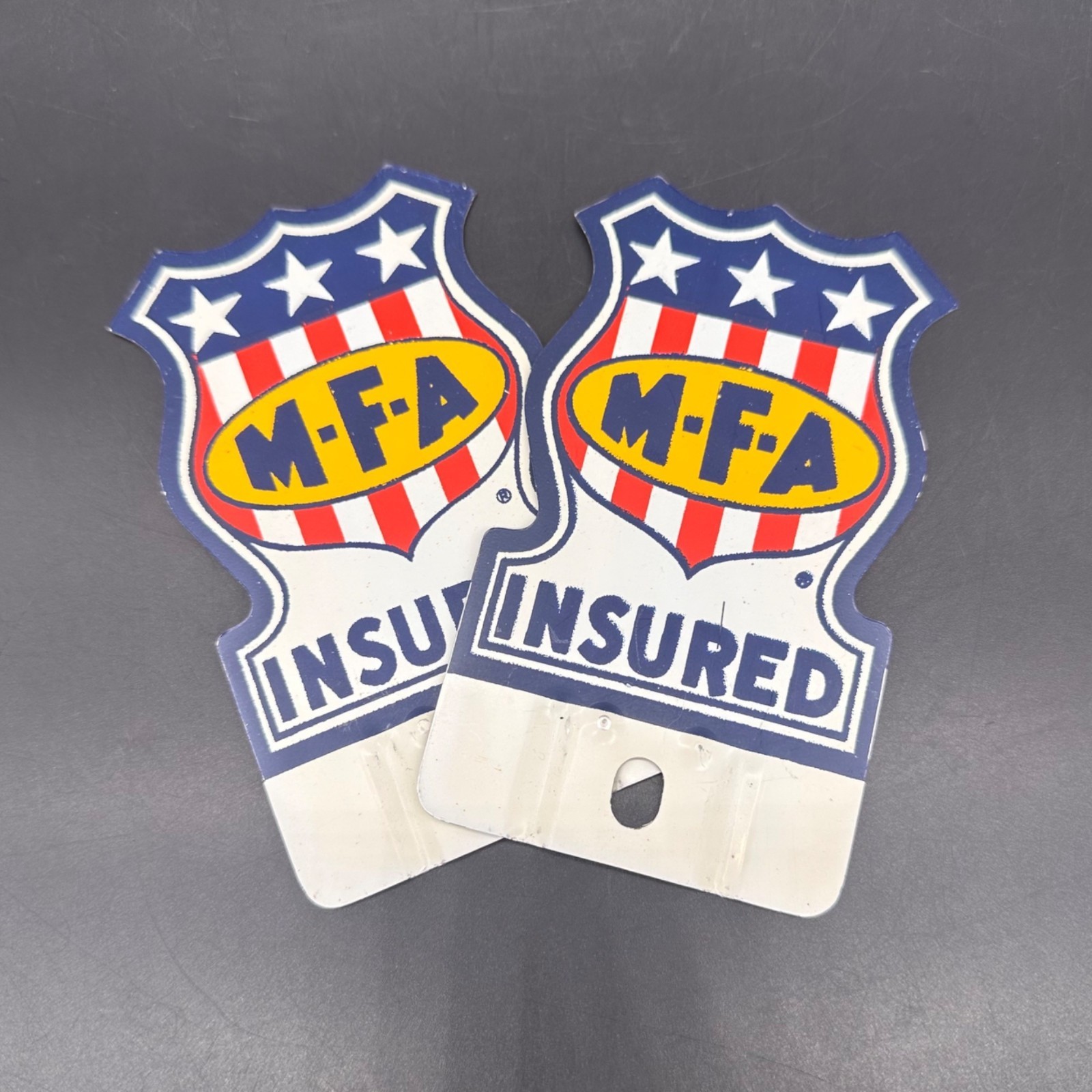 Vintage MFA Insurance License Plate Toppers Metal Agriculture Advertising Shield