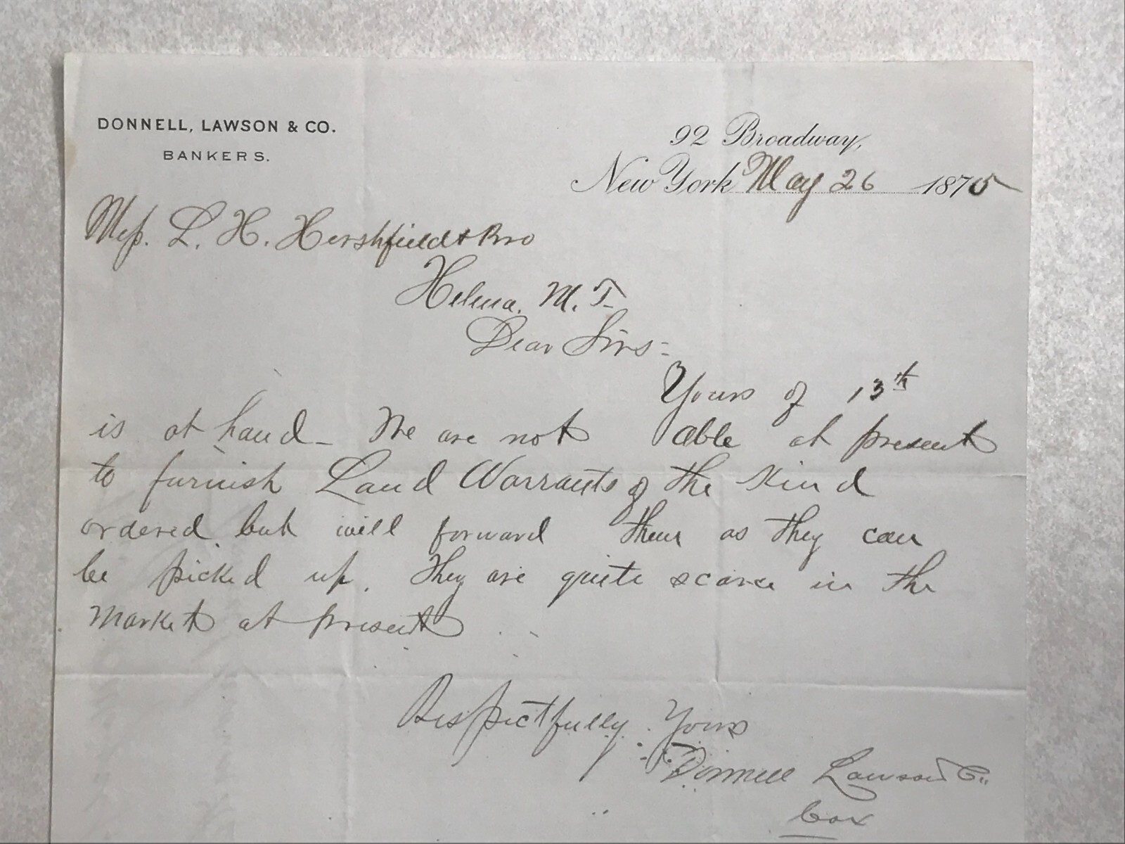MBE23 Bank Letterhead correspondence 1875 Donnell Lawson & Co Bankers New York