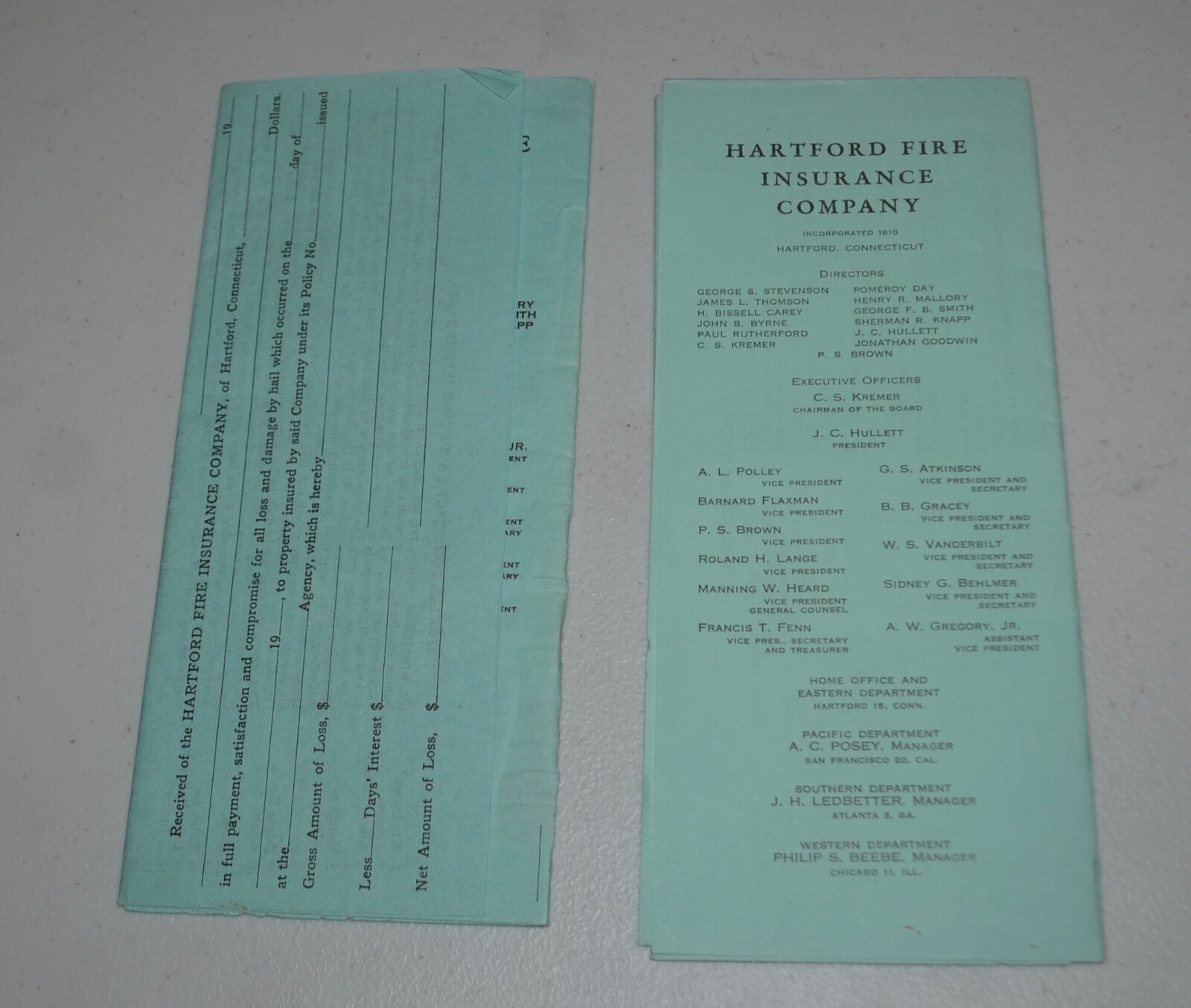 2 Hartford fire insurance company Policy 1953 & 1956