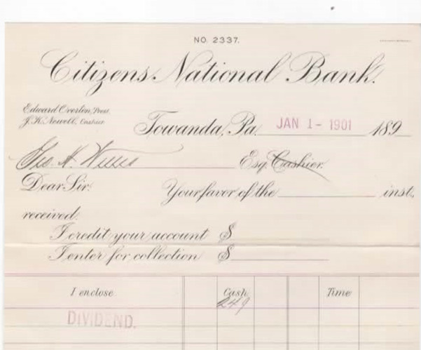Citizen’s National Bank 1901 vintage billhead Towanda Pennsylvania