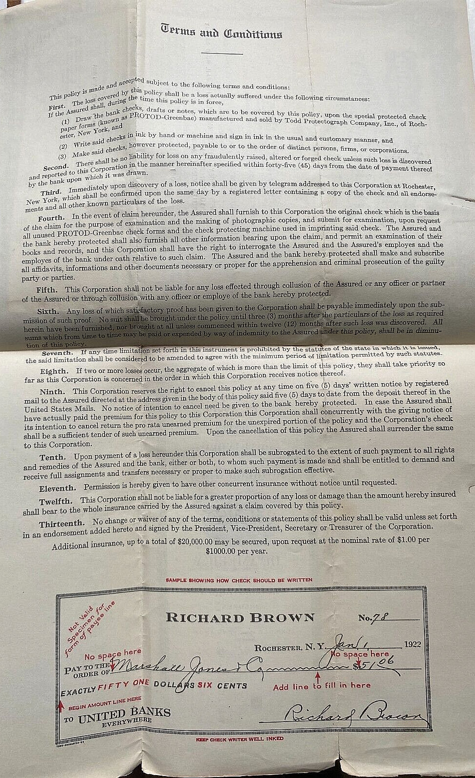 1922 General Indemnity Corp. Fraud Insurance Policy. NJ, IN & IL Railroad Co.