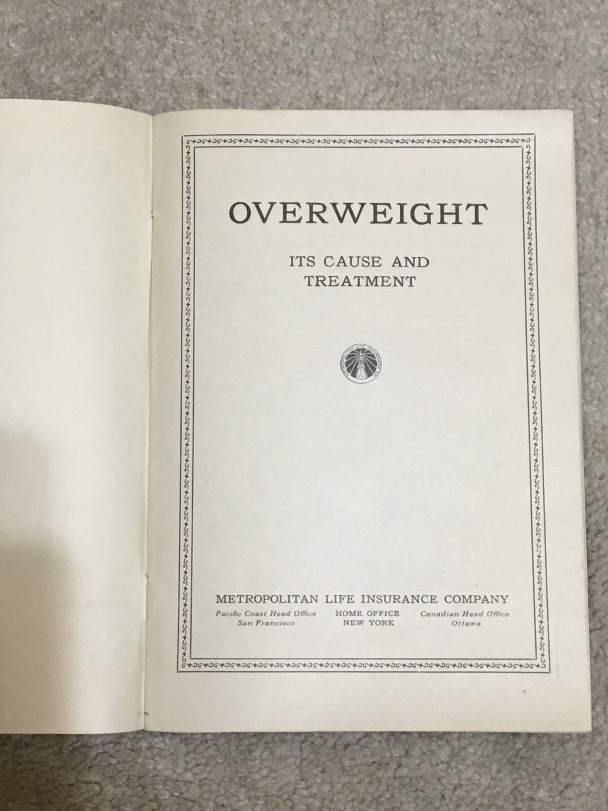 Vntg c1940s Booklet Overweight Its Cause & Treatment, Metropolitan Life Ins Co