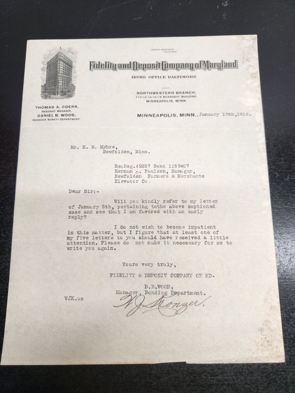VTG 1916 Billhead Masthead of Fidelity & Deposit Company of Maryland