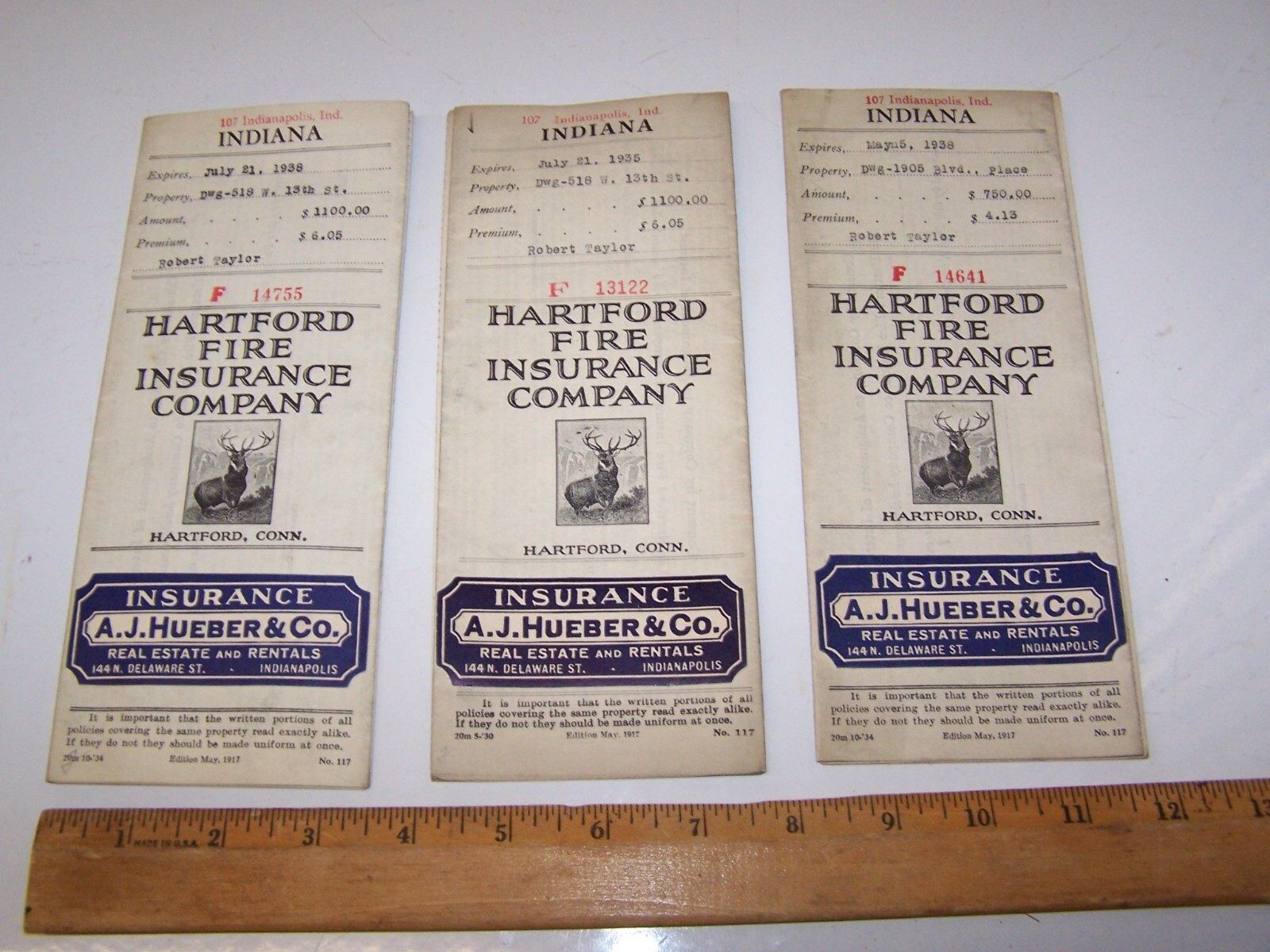 1935 & 1938 HARTFORD FIRE INSURANCE COMPANY Policies INDIANA