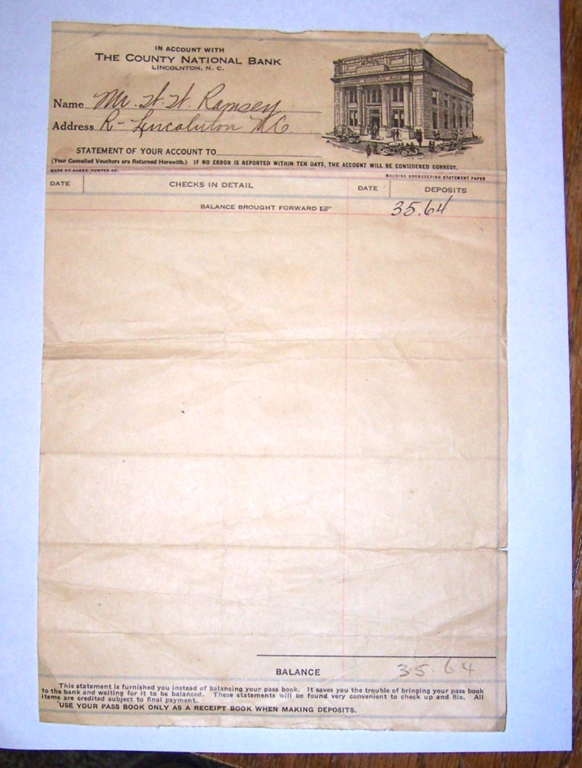 The County National Bank of Lincolnton, North Carolina Letterhead Billing early