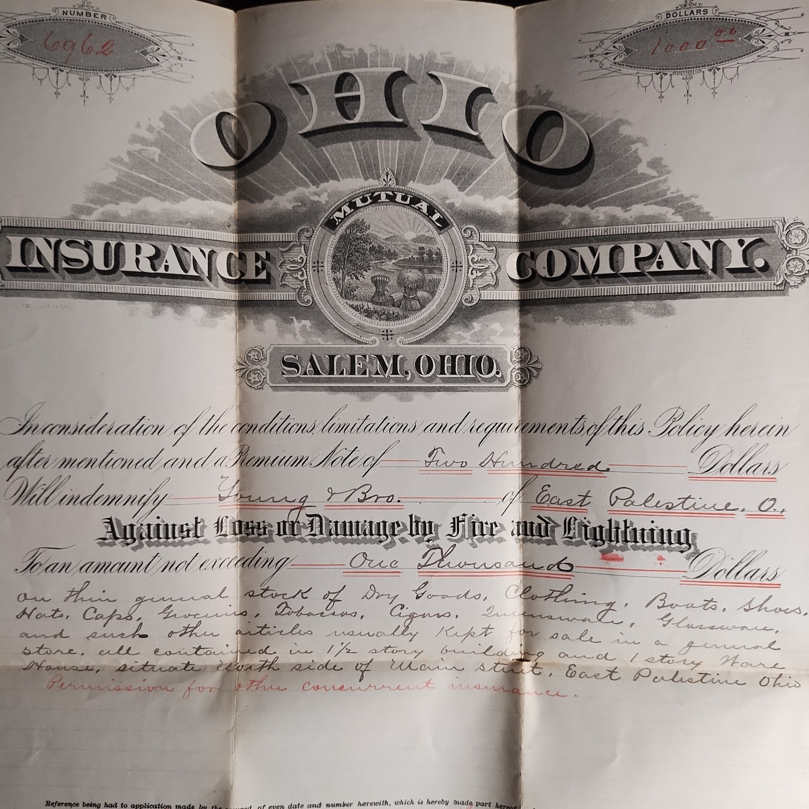 1888 Ohio Mutual Insurance Co Policy East Palestine OH Store Illustrated B1-52