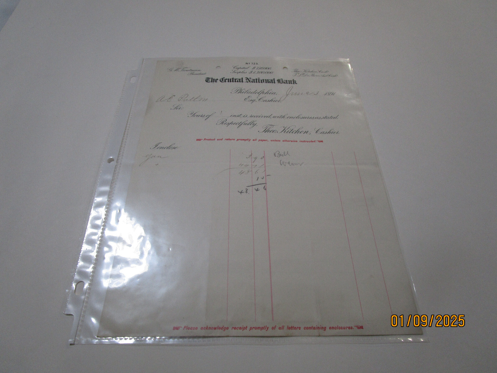 CENTRAL NATIONAL BANK PHILADELPHIA PA BANKING DOCUMENT TRANSACTION JUN 3 1891
