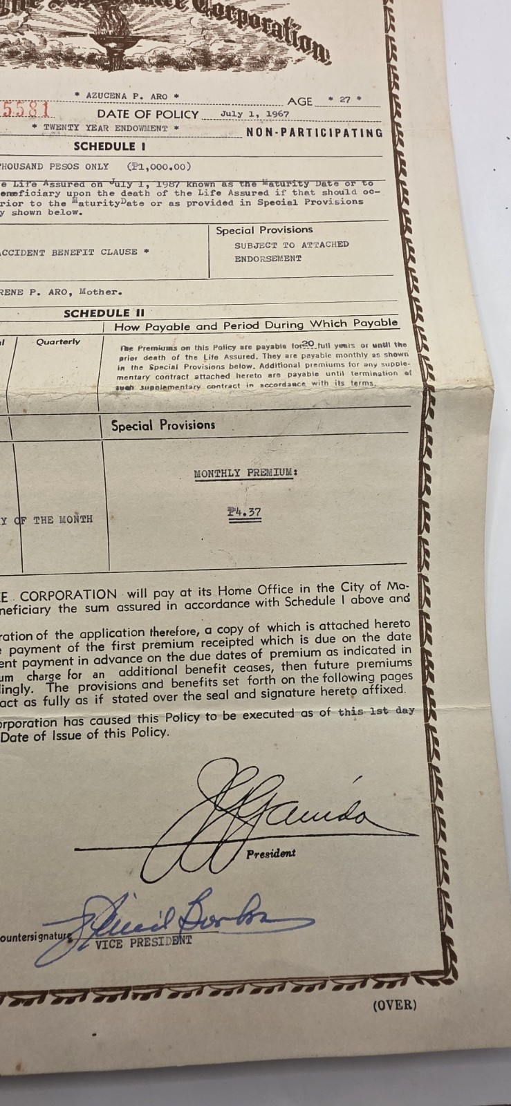 Philippines 1967 Capital Life Assurance Corporation Policy.Used.