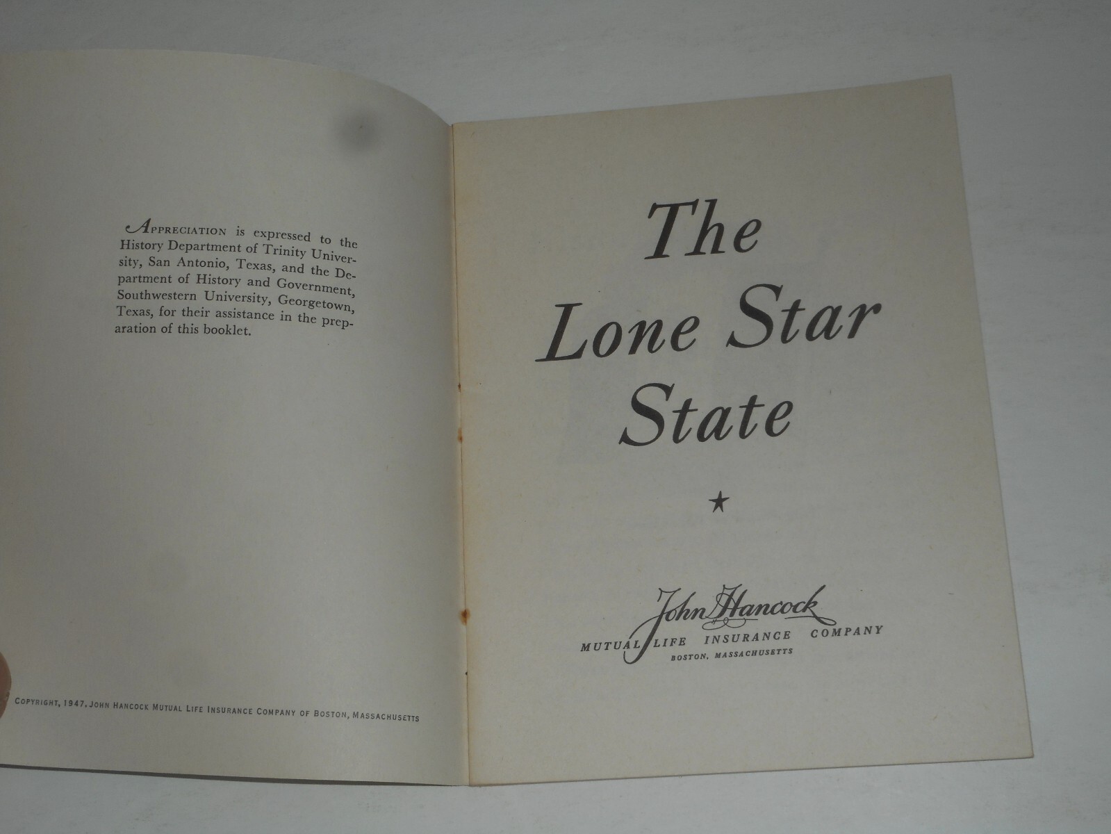 JOHN HANCOCK MUTUAL LIFE INSURANCE Co. Texas The Lone Star State Booklet 1947