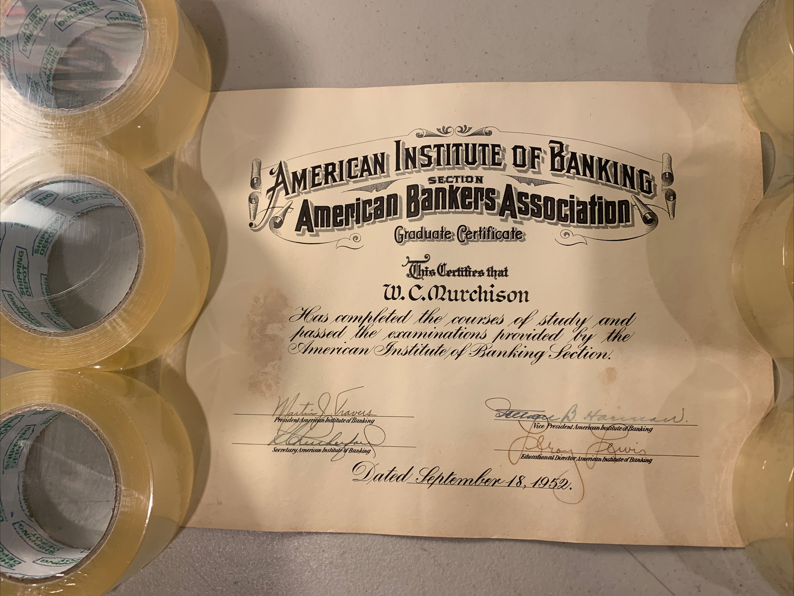 Vintage 1952 American Institute of Banking Bank GRADUATE Certificates Diploma