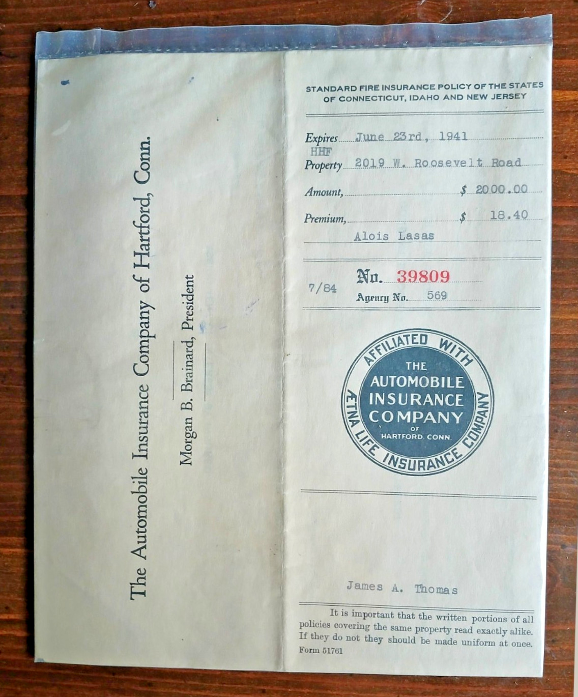 1940 Automobile Insurance Company of Hartford, Conn. Insurance Policy