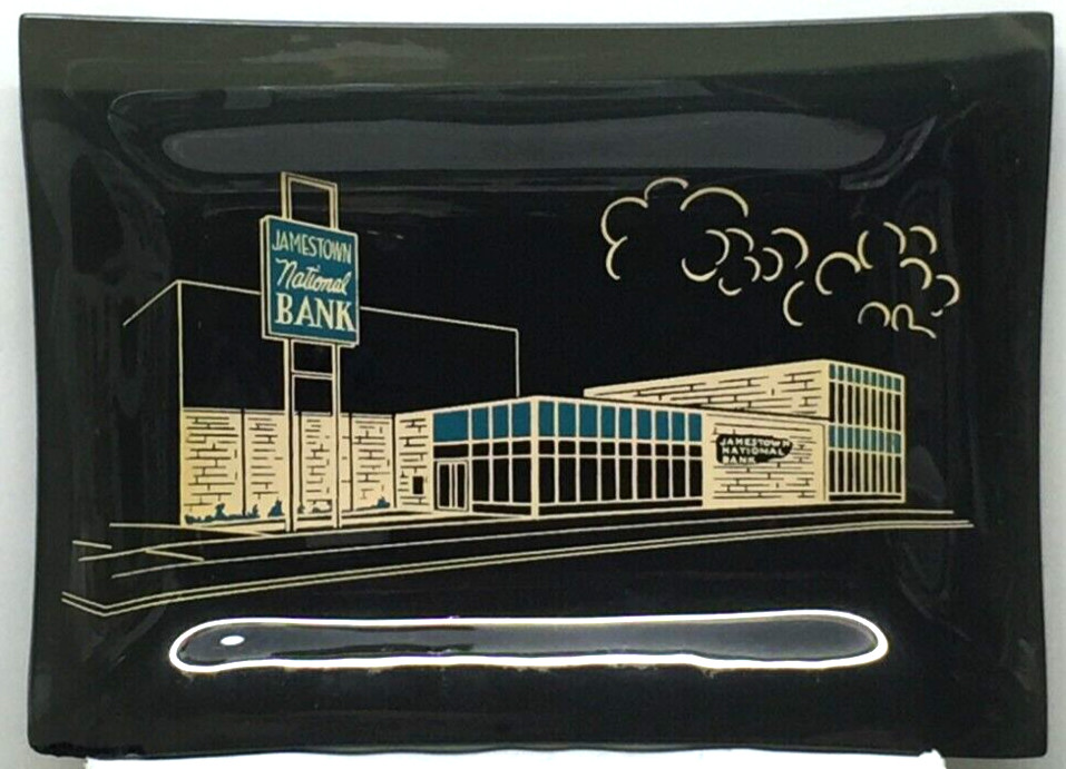 Vintage Glass Black Ashtray “Jamestown National Bank” 6.5″ X 4.75”