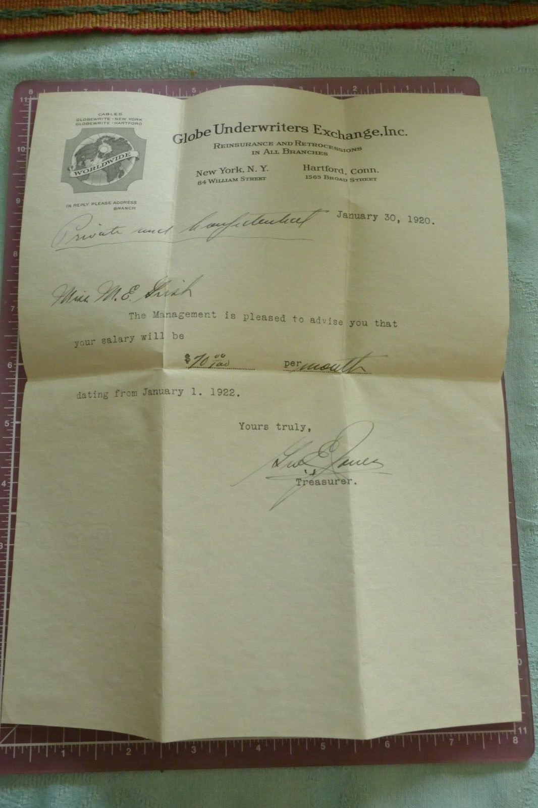 1920 Salary Confirmation Letter Signed by GE Jones Globe Underwriters Exchange
