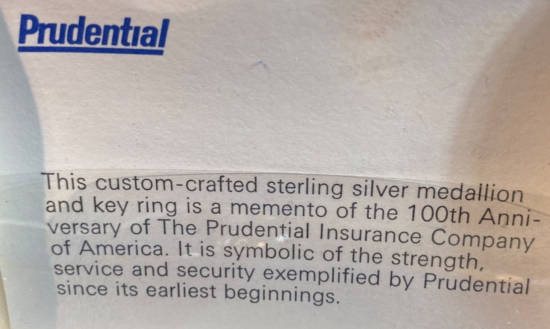 1975 Prudential Insurance 100th Anniversary Sterling Silver Keychain With Box