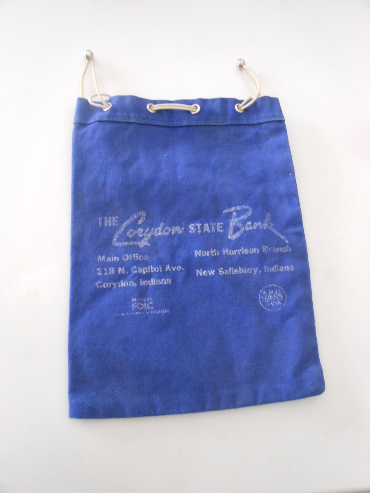 Vtg The Corydon State Bank, Corydon Ind Navy Canvas Drawstring Money/Coin Bag