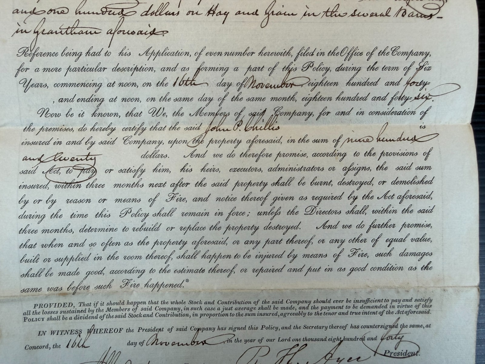 Antique 1840 New Hampshire Mutual Fire Insurance Policy Grantham NH Document