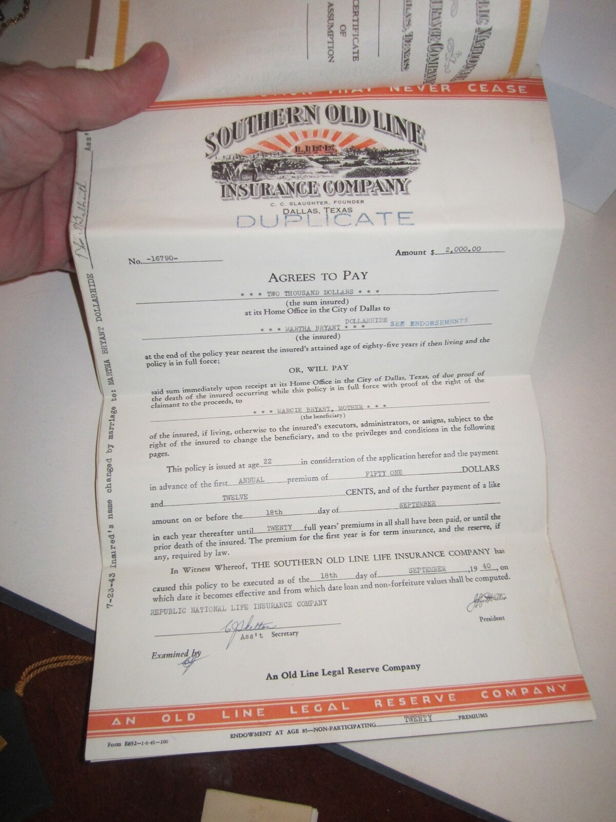 1940 SOUTHERN OLD LINE INSURANCE COMPANY POLICY DOCUMENT – BBA-30