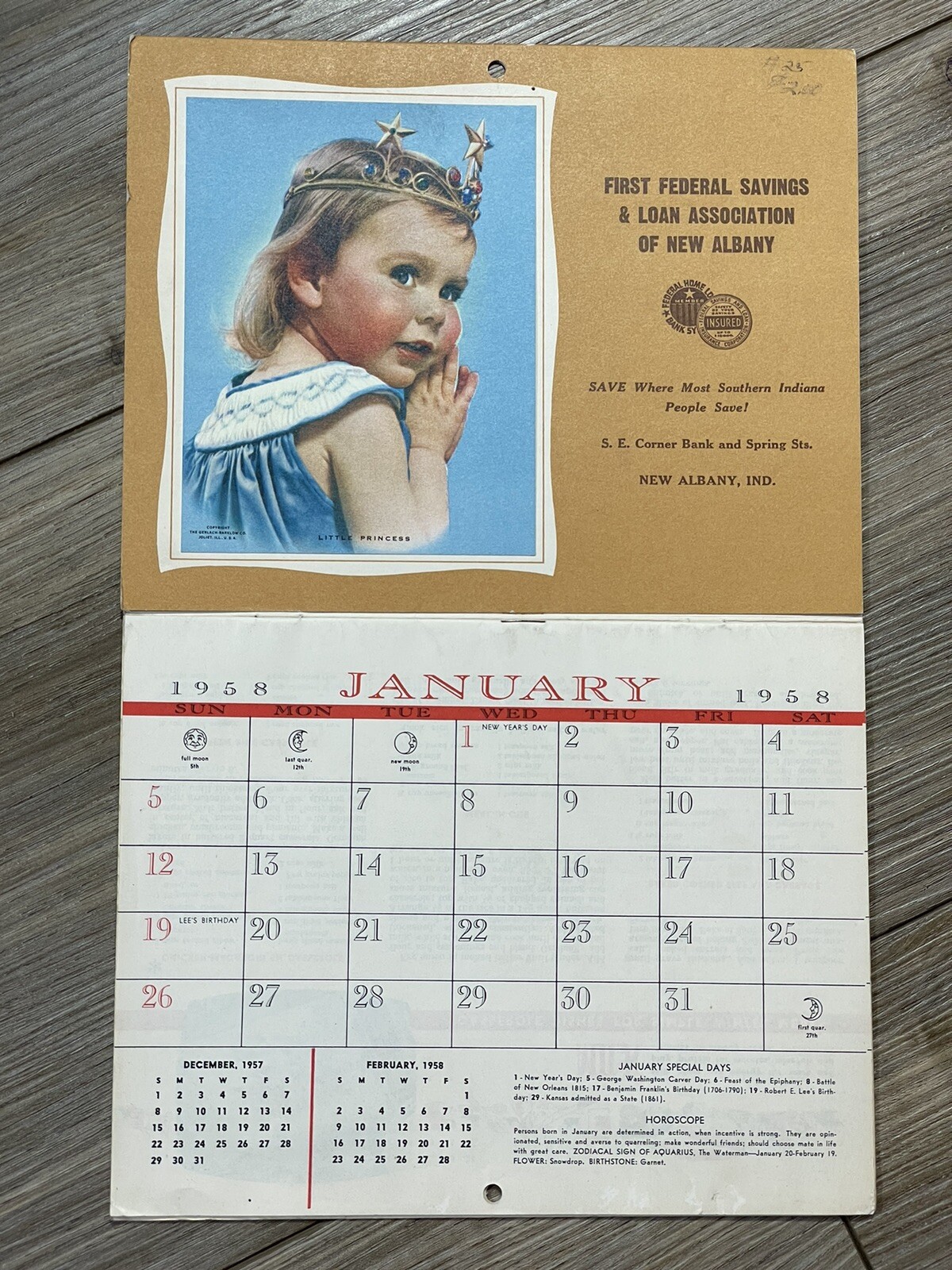Vtg 1st Federal Savings & Loan New Albany Indiana Calendar 1958 NOS Season Greet