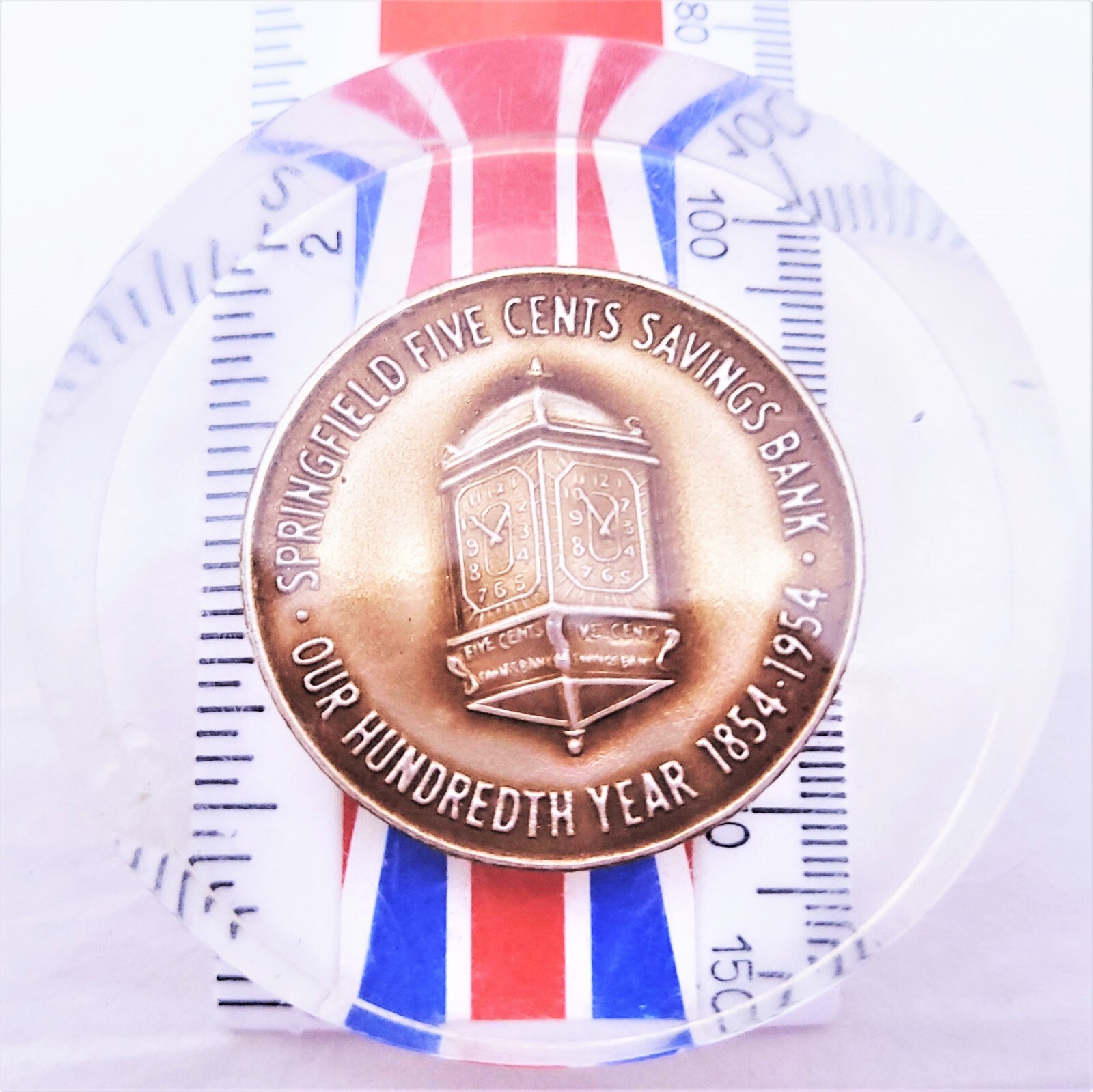 1854-1954 Springfield Five Cents Savings Bank 100th Year Lucite Paperweight VTG