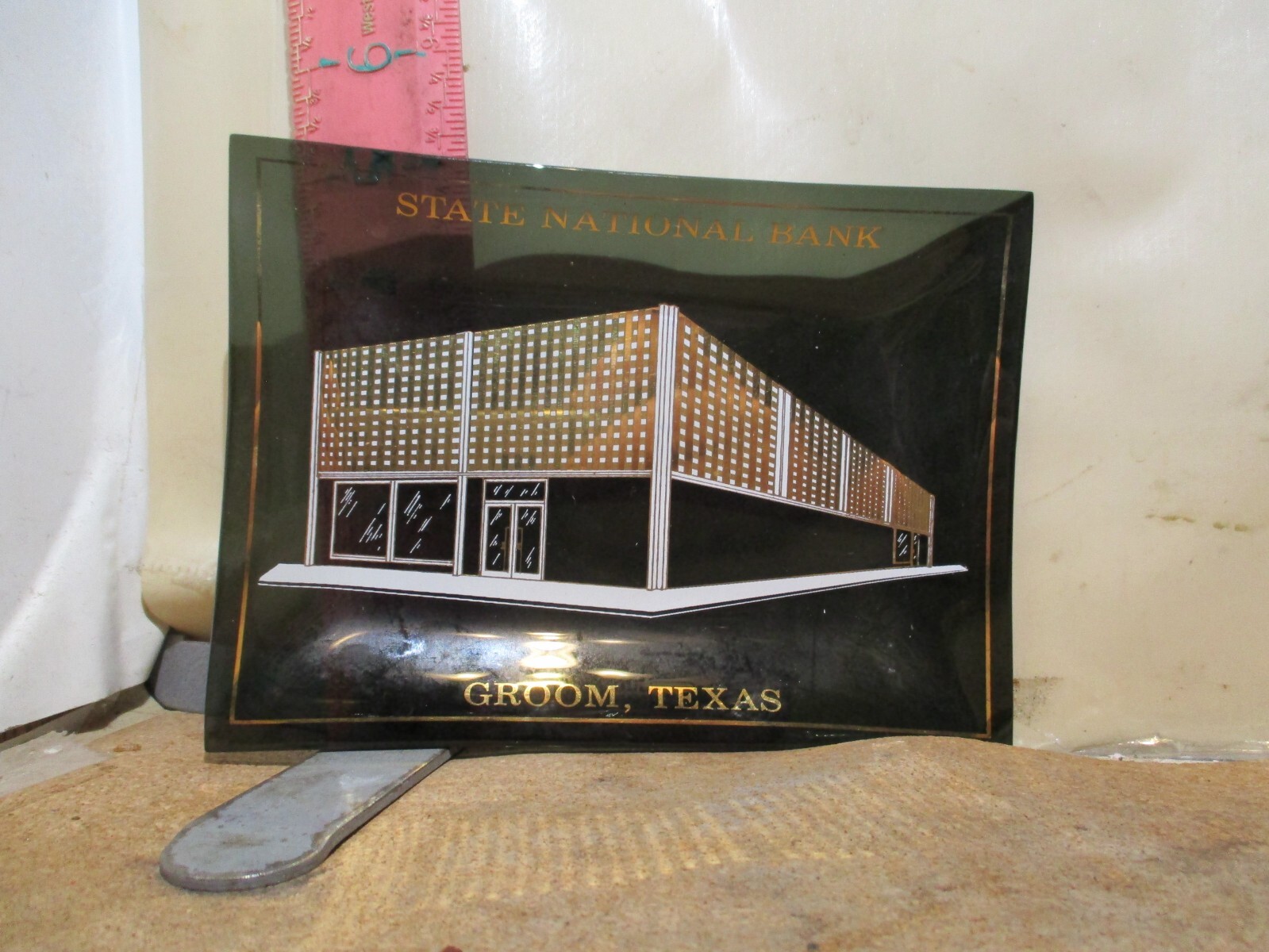 STATE NATIONAL BANK , GROOM, TEXAS BENT GLASS ASH OR PIN TRAY-NO DAMAGE!