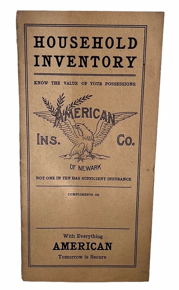 Vtg 1923 AMERICAN INSURANCE Co~Newark,NJ Household Inventory Booklet~Unused~20s