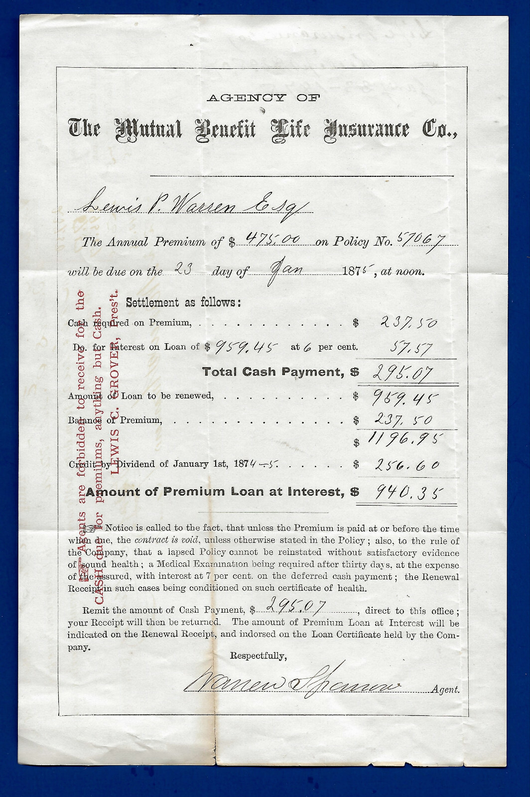 1874 Mutual Benefit Life Insurance Company Premium Notice/Receipt
