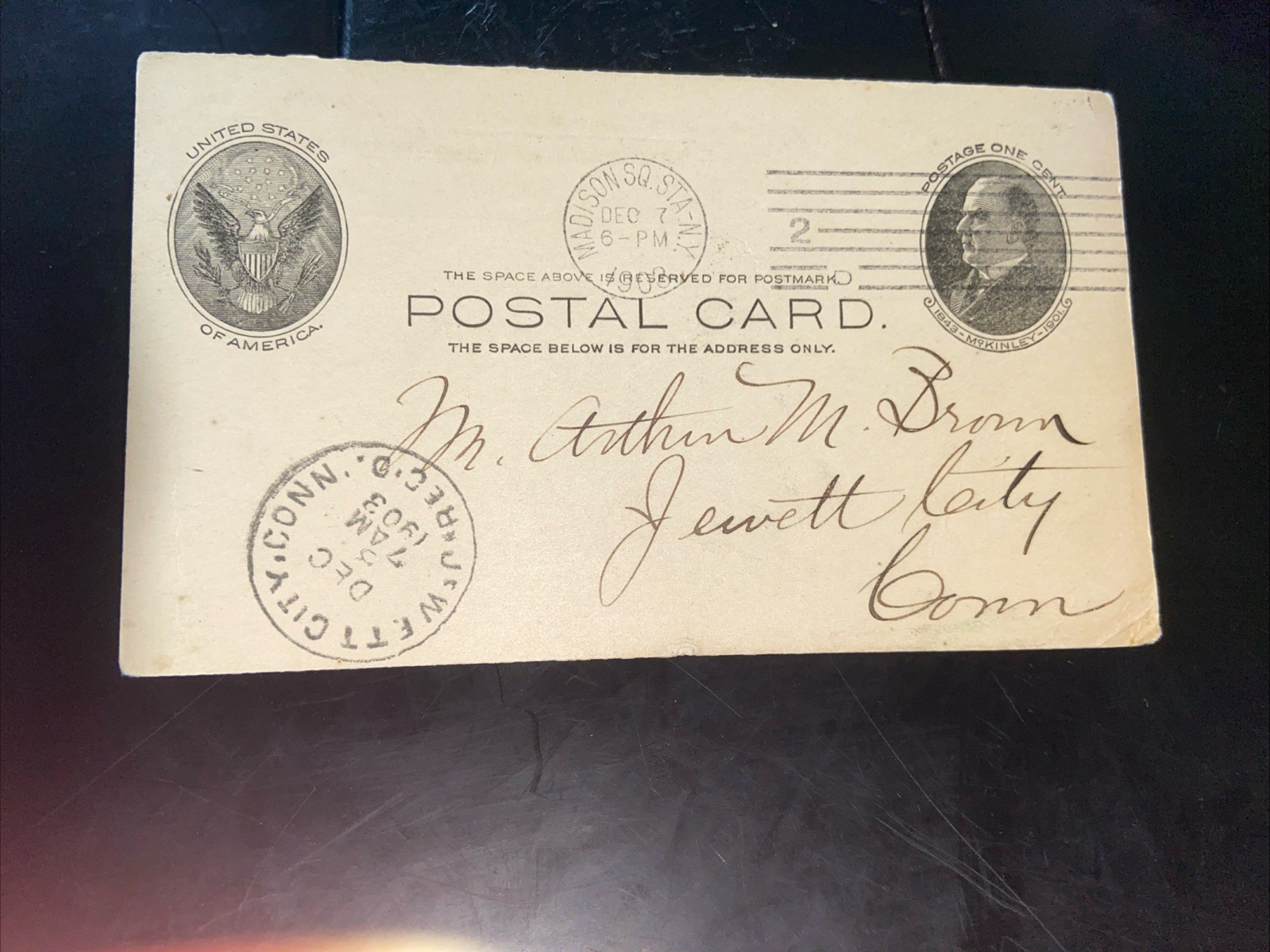 1903 Card to: Arthur M. Brown, Pres., Jewett City Savings Bank (Jewett, Conn)