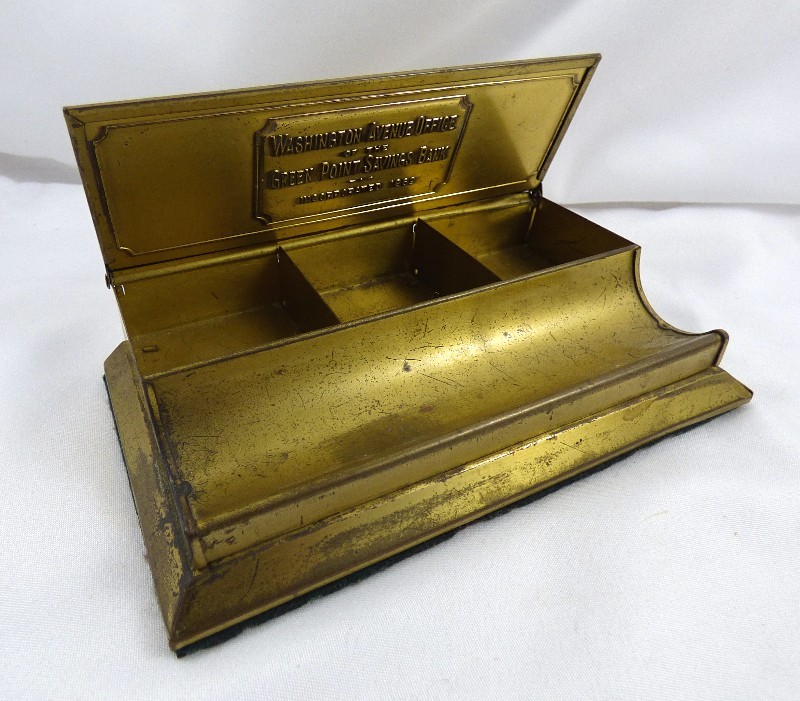 1920s Brass Postage Stamp Box Green Point Savings Bank NY Advertising