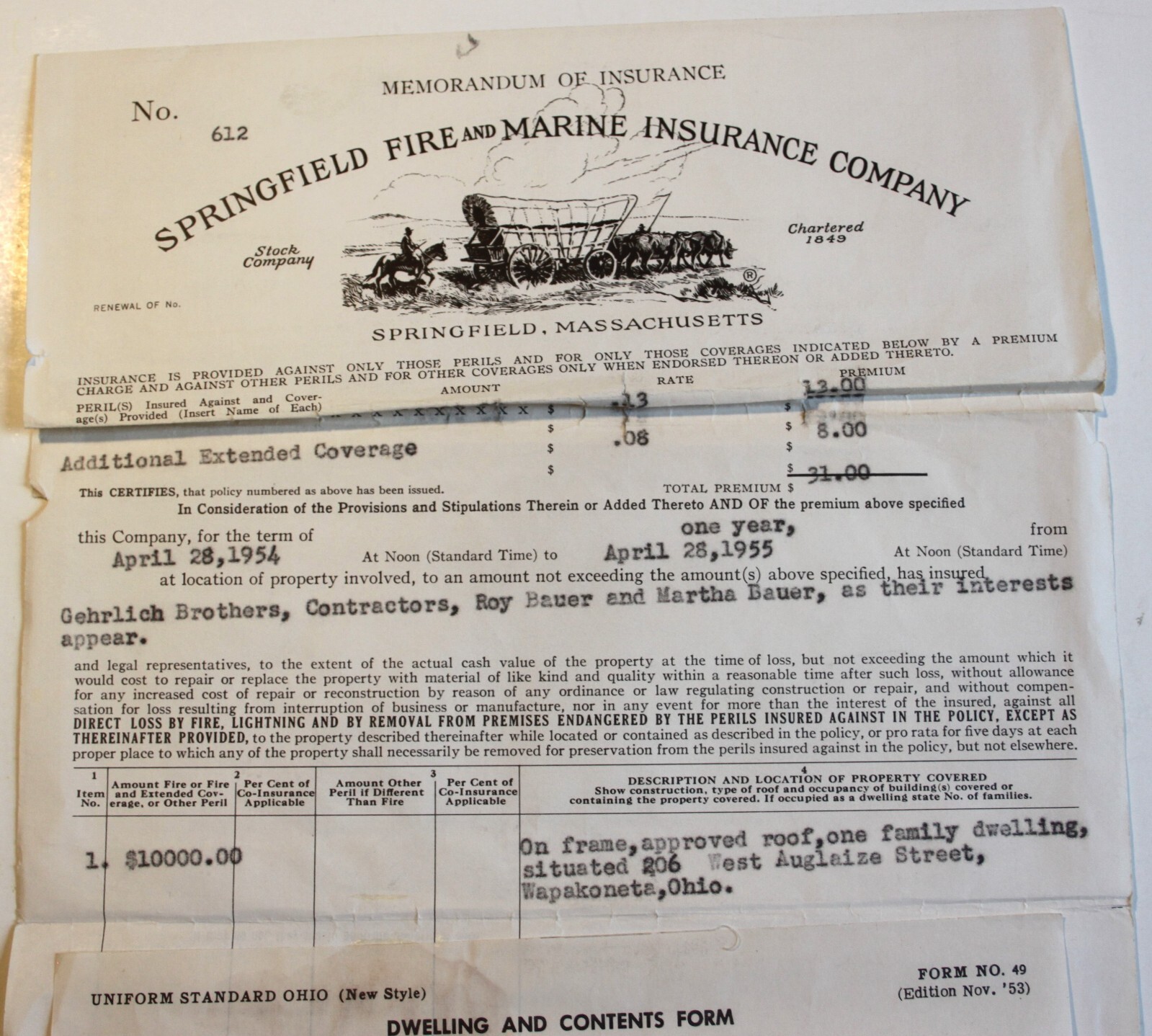 Vintage 1954 Springfield Fire & Marine Insurance Company Policy Wapakoneta OH