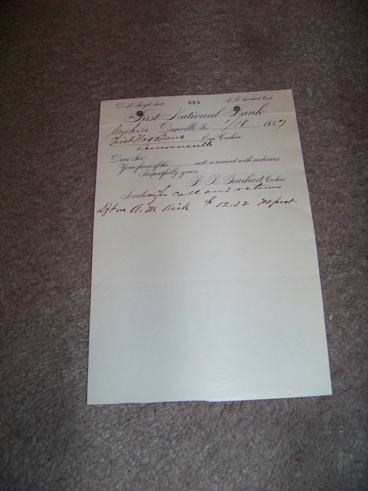 1887 First National Bank Danville Pennsylvania D. M. Boyd B. R. Gearhart