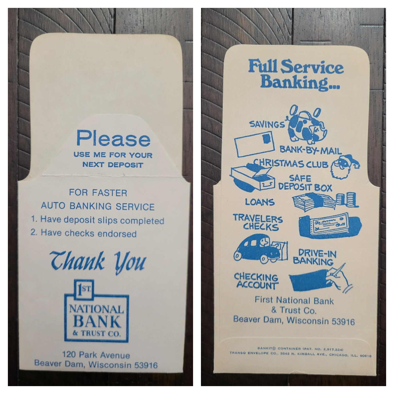 Vintage 1st National Bank Deposit Envelope Beaver Dam Wisconsin