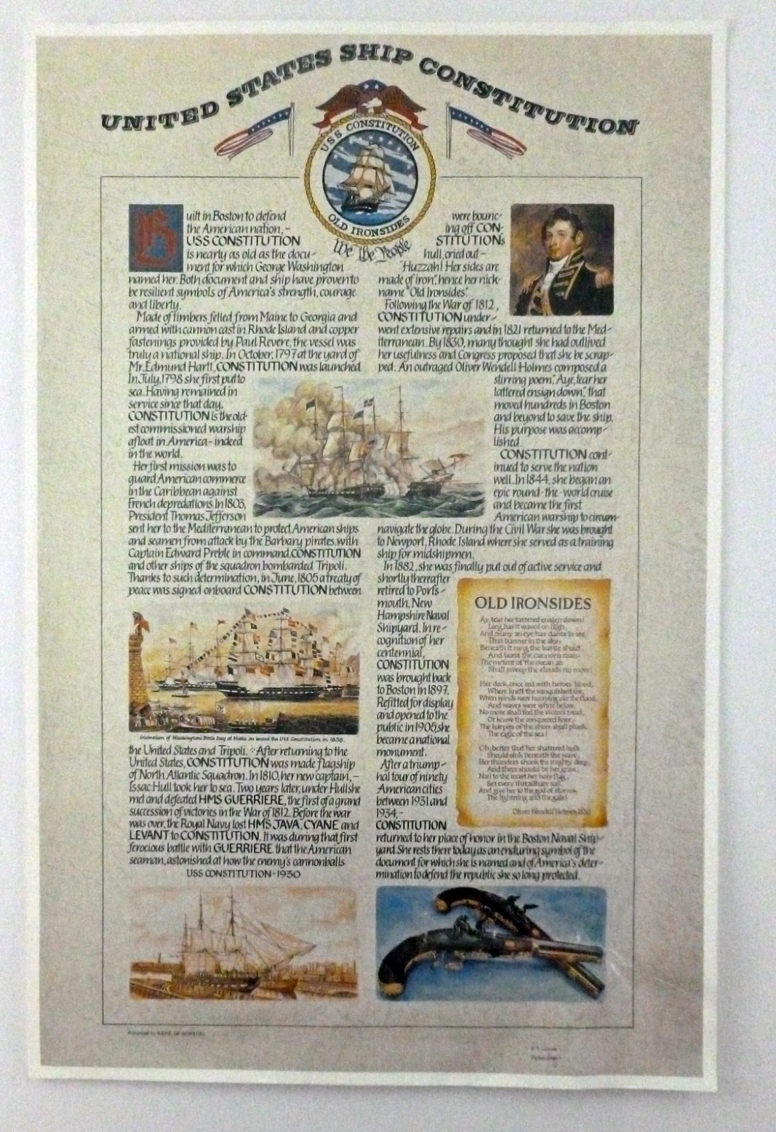 United States Ship Constitution Old Ironside Paper Facsimile 11” x 16 ½”