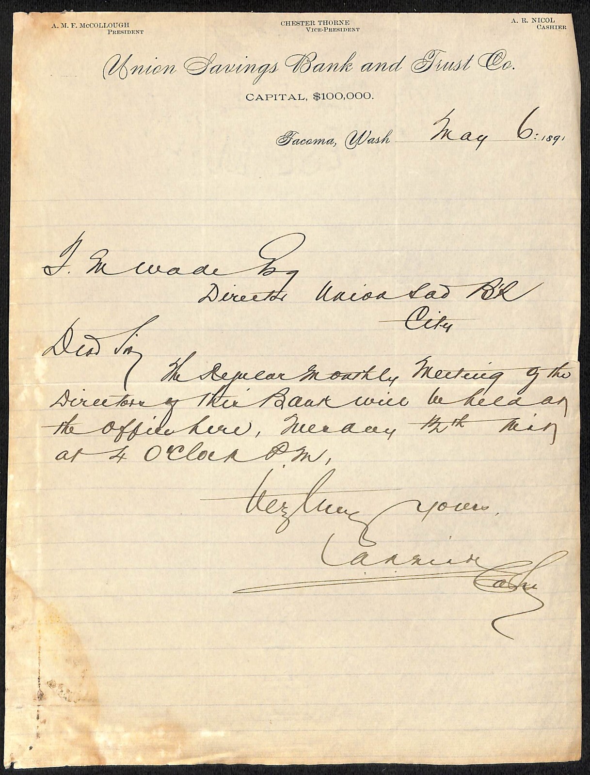 1891 Union Savings Bank and Trust Tacoma, WA ALS Letterhead re: Monthly Meeting