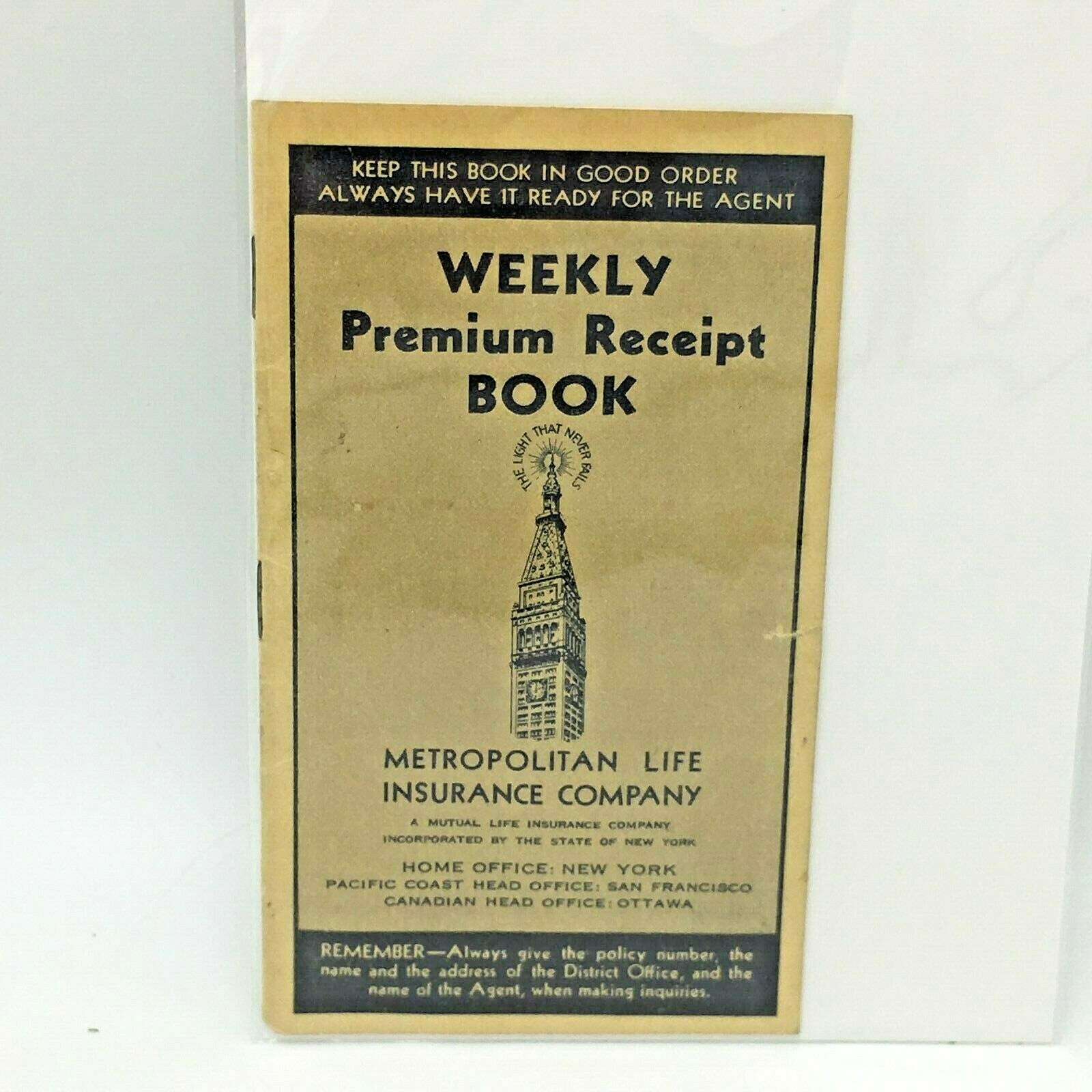 METROPOLITAN LIFE INSURANCE CO. PREMIUM WEEKLY PREMIUM RECEIPT BOOK