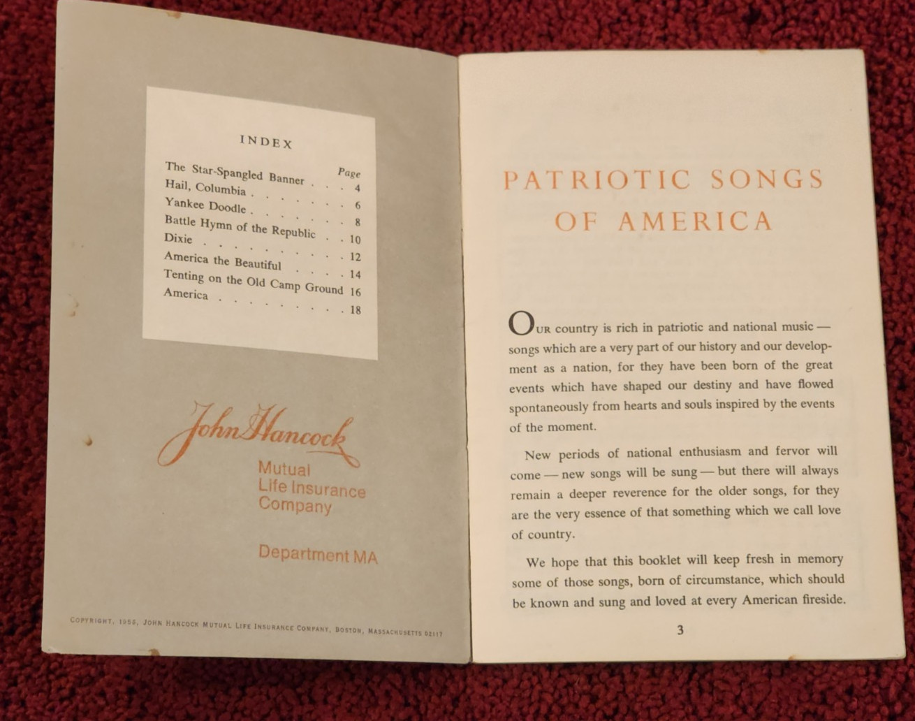 Rare 1956 John Hancock Life Insurance booklet PATRIOTIC SONGS of AMERICA