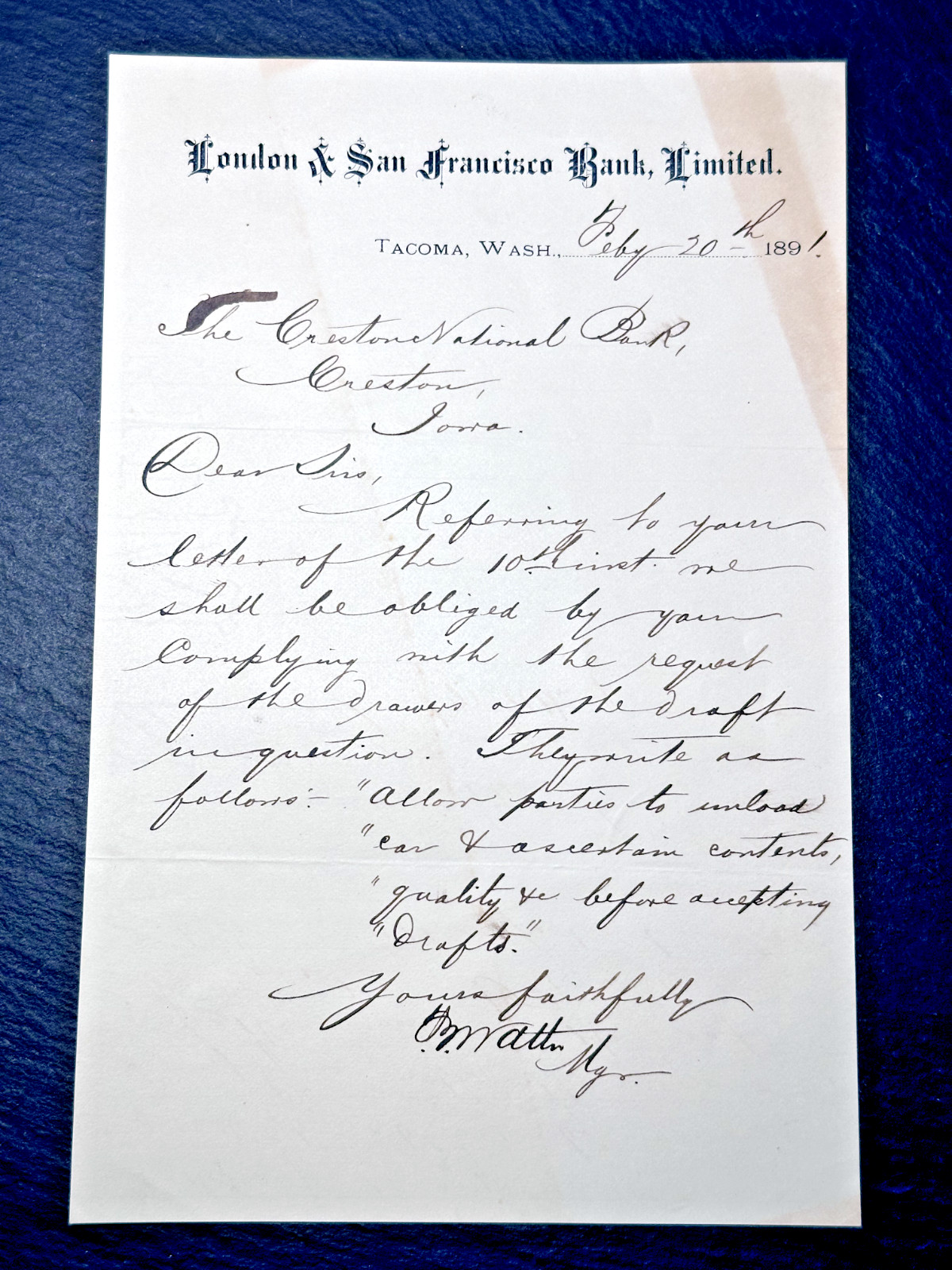 1891 LONDON & SAN FRANCISCO BANK TACOMA, WA TRANSFER & CORRESONDENCE CRESTON IA