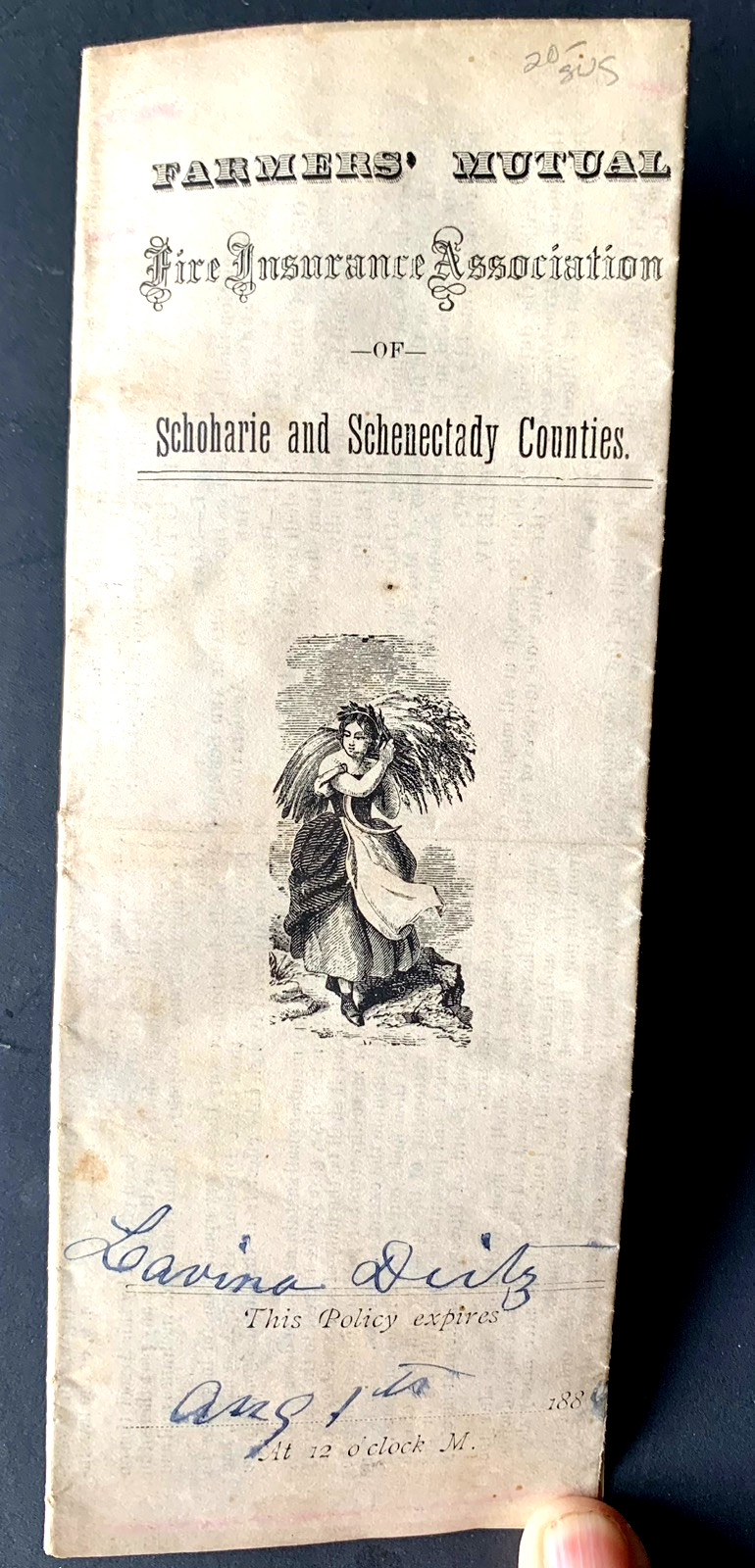 FARMERS’ MUTUAL FIRE INSURANCE CO. POLICY AUGUST 1, 1881 SCHOHARIE SCHENECTADY