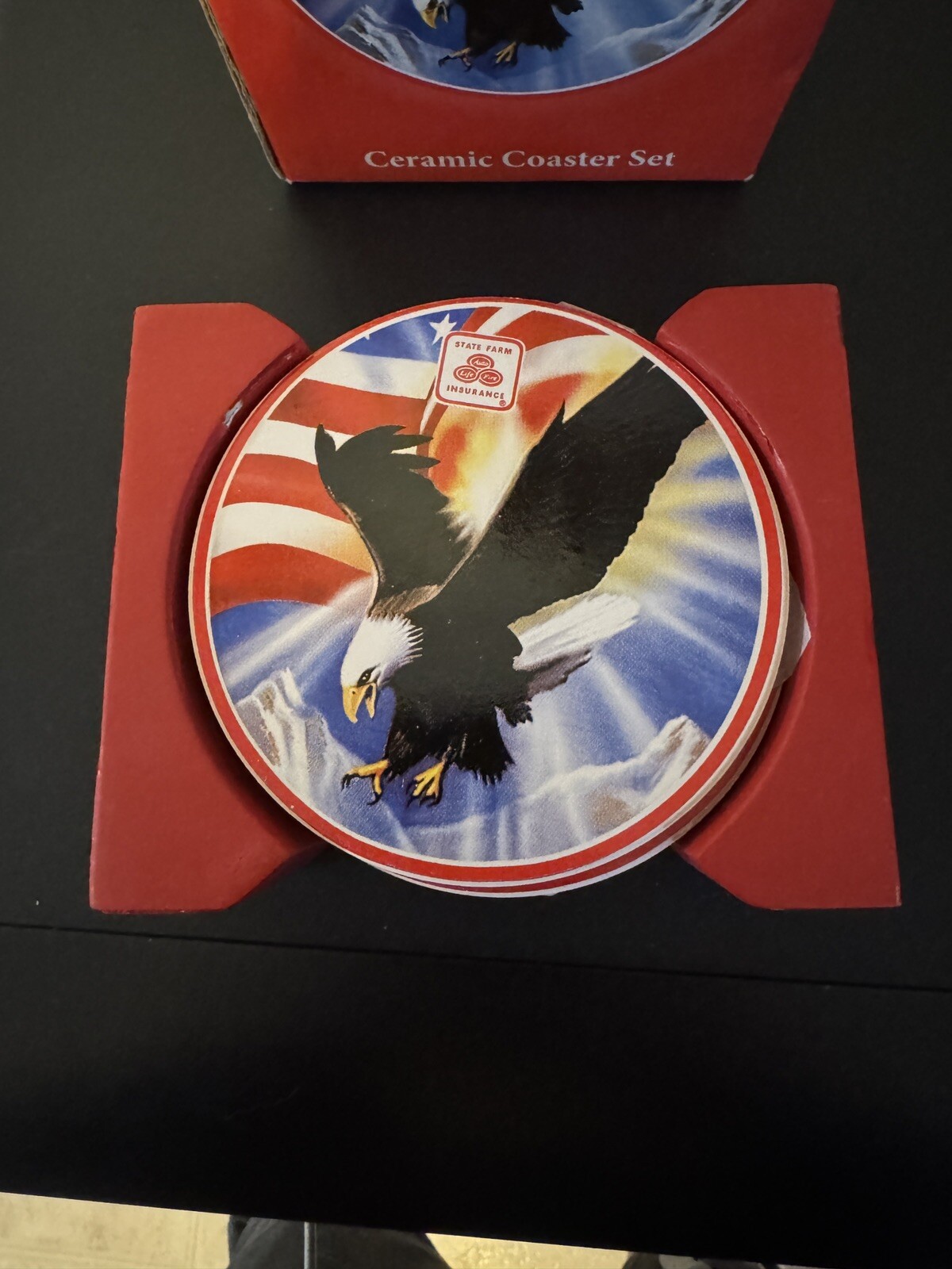 State Farm Insurance CERAMIC Drink Coaster Set Eagle & American Flag – w/Box