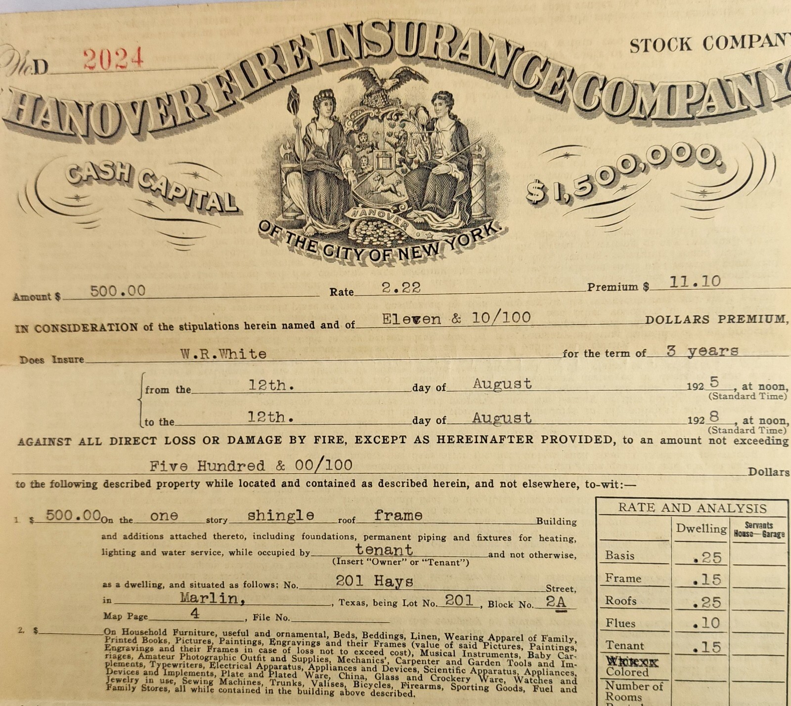 1928 Hanover Insurance Texas Standard Fire Policy ~ Tenant House White / Colored