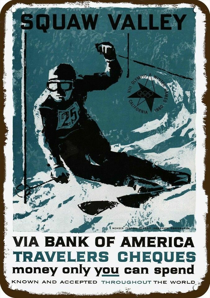 1960 Squaw Valley Skiing Bank Of America Vntg-Look DECORATIVE REPLICA METAL SIGN